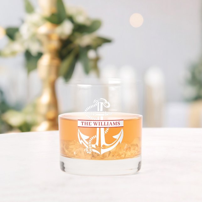 Custom White Nautical Anchor Red Name Whiskey Glass (Insitu (Wedding))