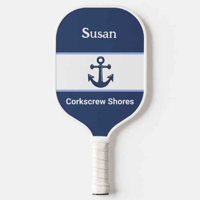 Custom White Navy Blue Anchor Monogrammed  Pickleball Paddle (Front)