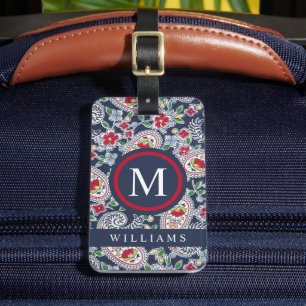 Custom White Navy Blue Red Paisley Pattern Luggage Tag