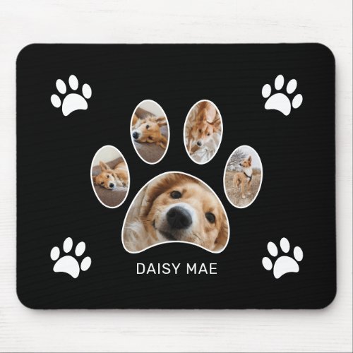 Custom White Paw Print Name Photo Collage Black Mouse Pad