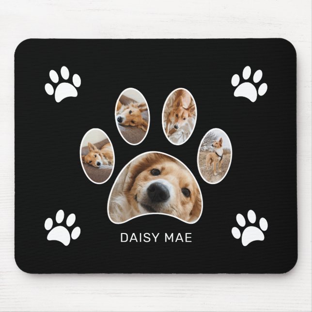 Custom White Paw Print Name Photo Collage Black Mouse Pad (Front)