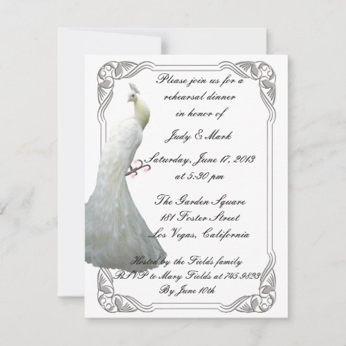 Custom White Peacock Rehearsal Dinner Invitation
