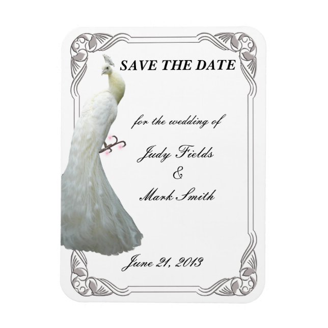 Custom White Peacock Wedding Save The Date Magnet (Vertical)