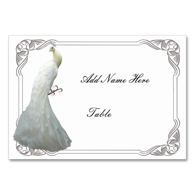 Custom White Peacock Wedding Table Place Card (Front)