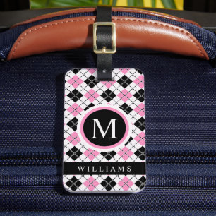 Custom White Pink Black Checkered Argyle Pattern Luggage Tag