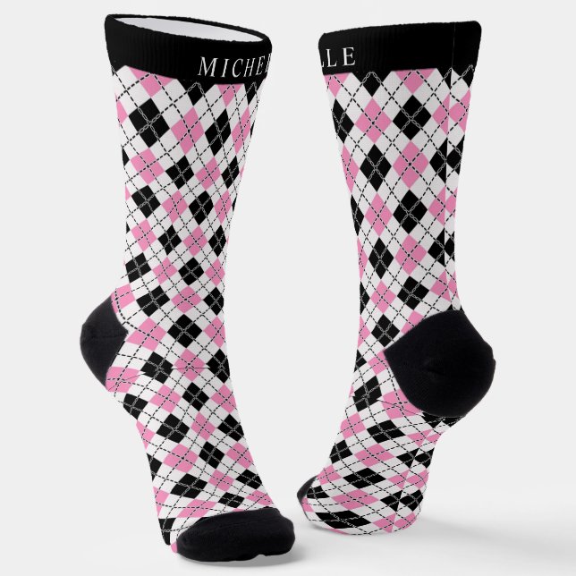 Custom White Pink Black Checkered Argyle Pattern Socks (Angled)