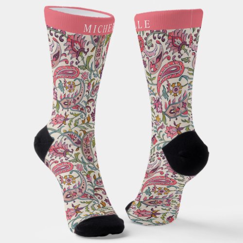 Custom White Pink Blue Paisley Pattern Socks