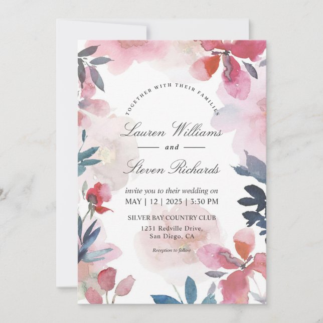 Custom White Pink Blue Transparent Flowers Wedding Invitation (Front)