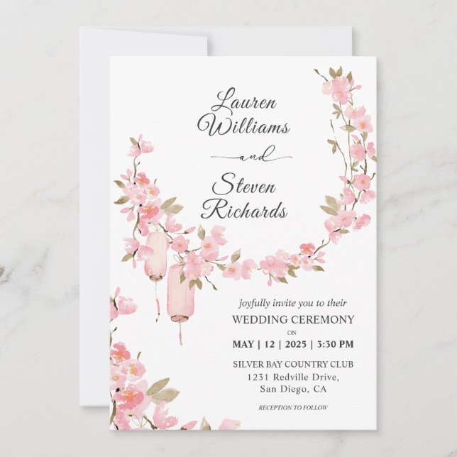 Custom White Pink Cherry Blossom Flowers  Invitation (Front)