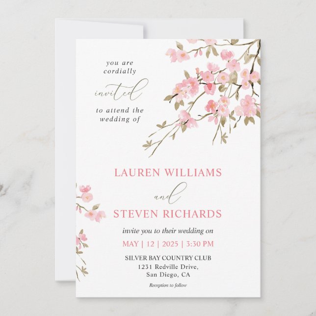 Custom White Pink Cherry Blossom Wedding Invitation (Front)
