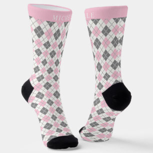 Custom White Pink Grey Checkered Argyle Pattern Socks