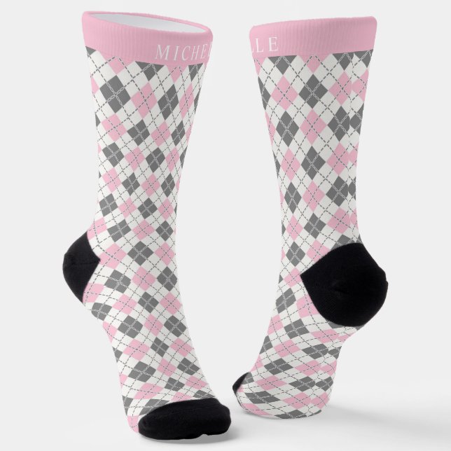 Custom White Pink Grey Checkered Argyle Pattern Socks (Angled)