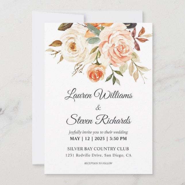 Custom White Pink Peach Rustic Roses wedding Invitation (Front)