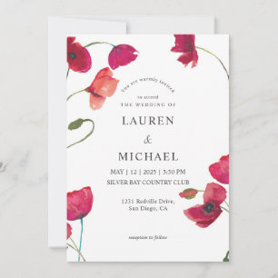Custom White Pink Red Rose poppies Wedding Invitation