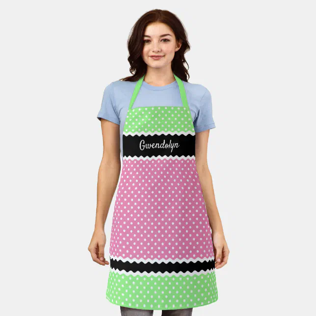 Custom White Polkadots On Neon Pink Green Black Apron | Zazzle