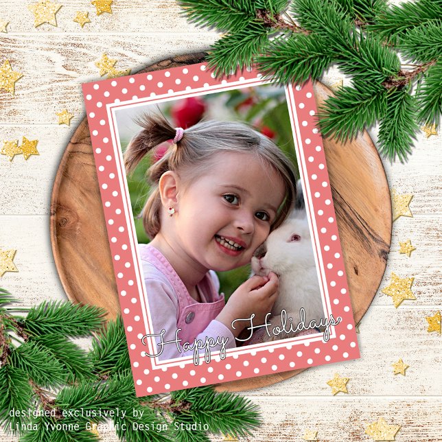 Custom White Polkadots Pattern Rose Pink Holiday Card (Creator Uploaded)