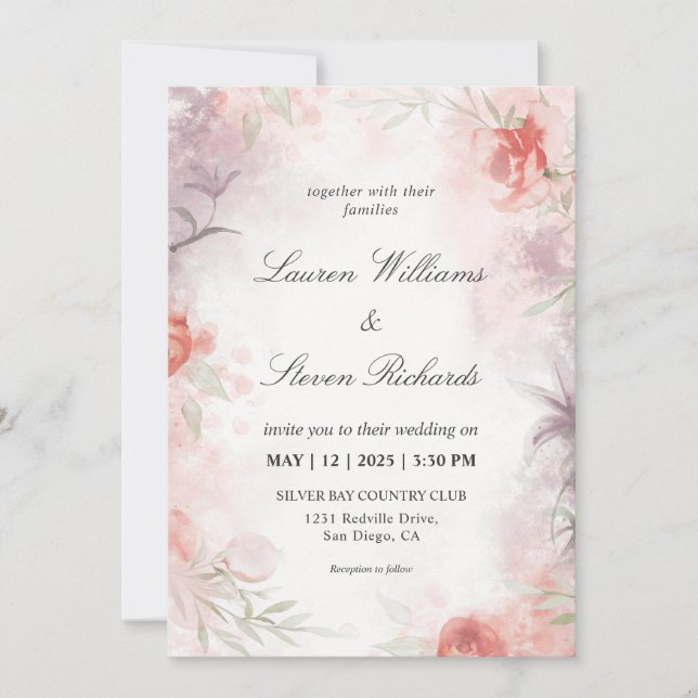Custom White Purple Pink Soft Delicate Florals Invitation (Front)