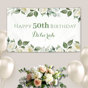 Custom White Rose Floral BIrthday Party Banner