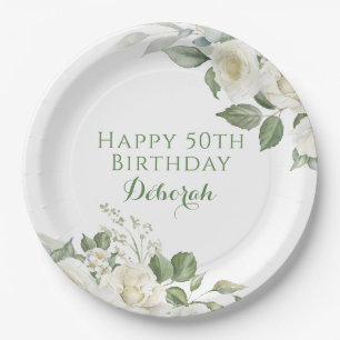 Custom White Rose Floral BIrthday Party Paper Plates