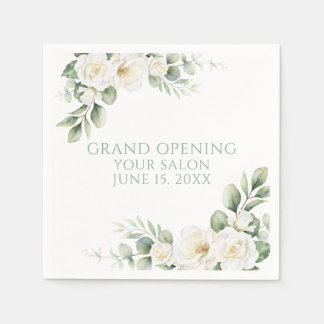 Custom White Rose Floral Grand Opening Napkins