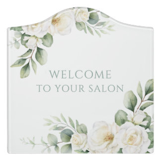 Custom White Rose Floral Welcome Door Sign