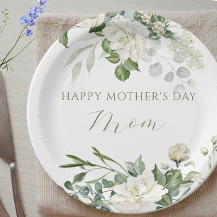 Custom White Roses Mothers Day Paper Plates