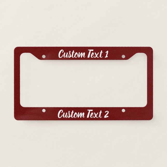 Custom White Script on Dark Red License Plate Frame (Front)