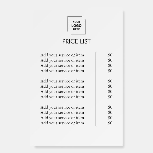 Custom White Service Menu | Modern Business Logo  Foam Board (Front)