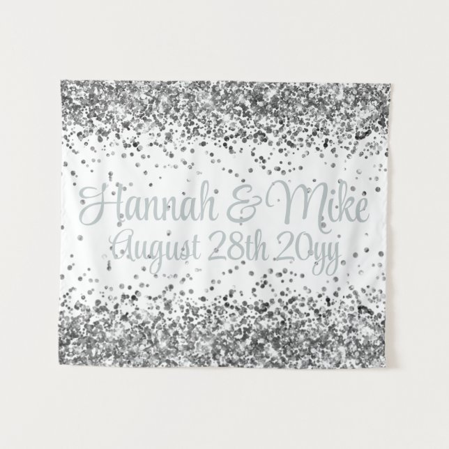Custom White & Silver Glitter Wedding Photo Booth Tapestry (Front (Horizontal))