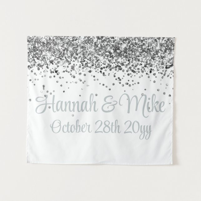 Custom White & Silver Glitter Wedding Photo Booth Tapestry (Front (Horizontal))