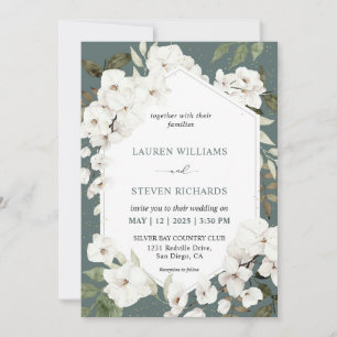 Custom White Steel Blue White Orchid Frame Wedding Invitation
