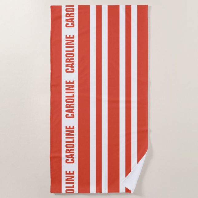 Custom White Tomato Red Stripes Pattern Beach Towel (Front)