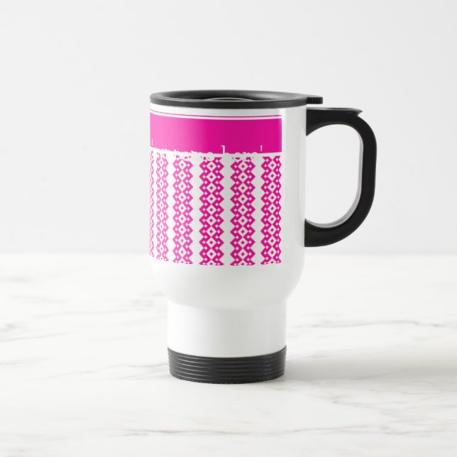 Custom White Travel Mug, Candy Pink Geometric Travel Mug (Right)