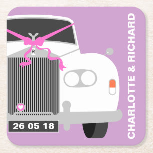 CUSTOM WHITE WEDDING CAR LIMO DATE SQUARE PAPER COASTER