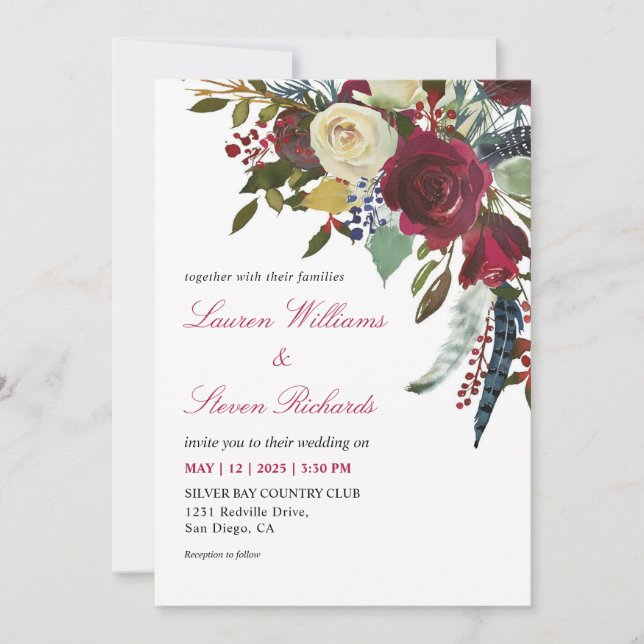 Custom White Wine Red Boho Bordo Flowers Wedding Invitation (Front)