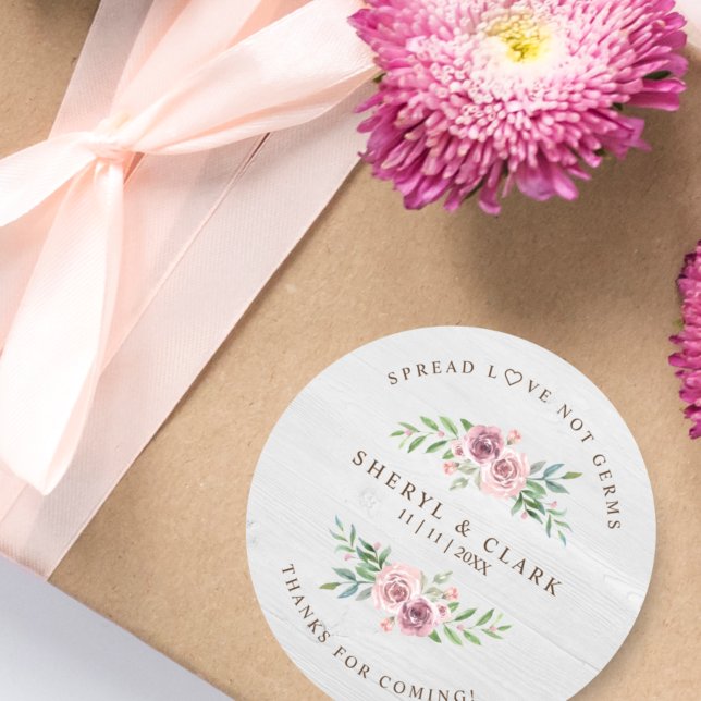 Custom White Wood Floral Wreath Wedding Sanitizer Classic Round Sticker (Creator Uploaded)