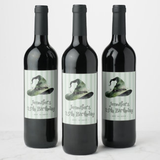 Custom Wicked Good Time Green Witch Hat Birthday Wine Label