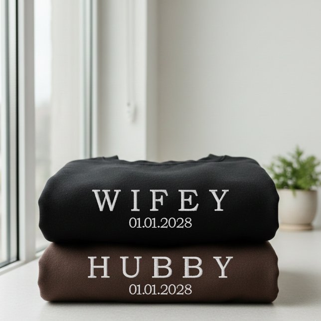 Custom Wifey and Hubby Gift for Wedding Party Embroidered Sweatshirt (Embroidered Mr and Mrs Sweatshirt Gift for Couples, Wifey Hubby Matching Gift for Husband and Wife)