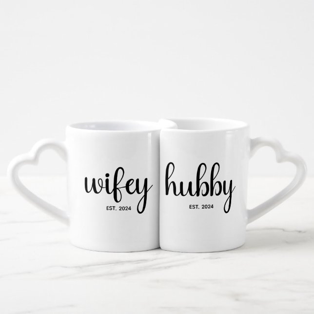 Custom Wifey Hubbby EST Year Wedding Anniversary Coffee Mug Set (Front Nesting)