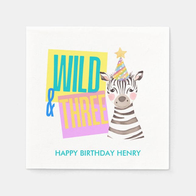 Custom Wild & Three Zebra 3rd Birthday Napkins (Front)