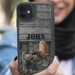 Custom Wild Turkey Hunting Rustic Name Sports OtterBox iPhone 14 Case<br><div class="desc">Custom Turkey Hunting Otterbox Case - This phone case features your name on a wood board background and a big wild turkey on a muted camo pattern.</div>