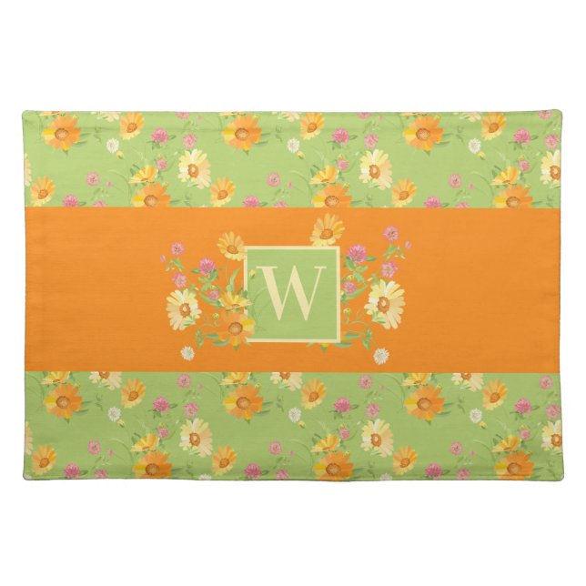 Custom Wildflower Green Floral Family Monogram Cloth Placemat (Front)
