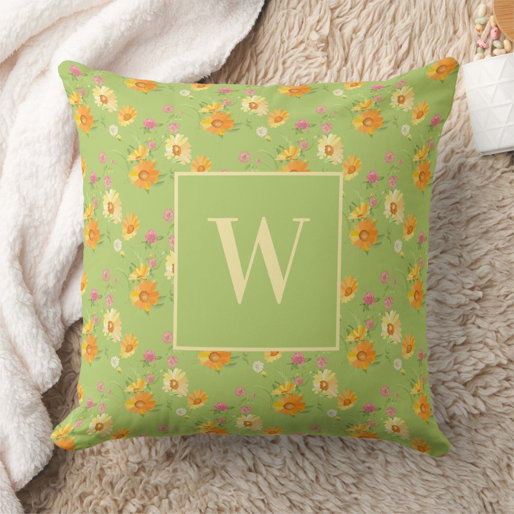 Custom Wildflower Green Floral Monogrammed Throw Pillows for couches and chairs