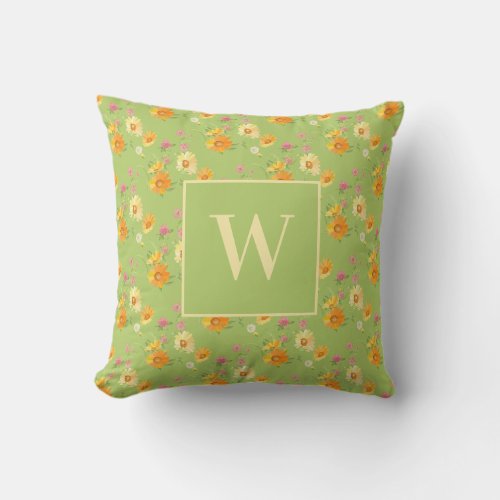 Custom Wildflower Green Floral Monogram Throw Pillow