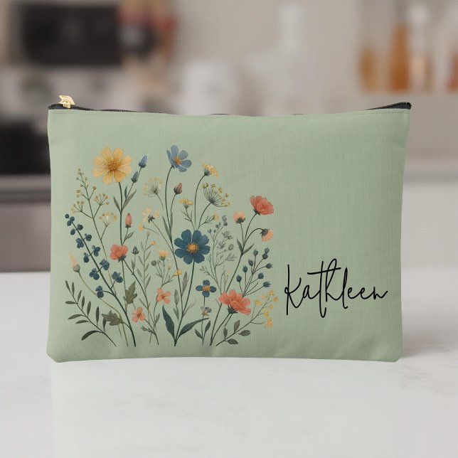 Custom Wildflower Makeup Bag – Gift for Her & Mom (bridesmaid gift, custom wildflower bag, teacher gift, student pouch, best mom ever bag, makeup bag)