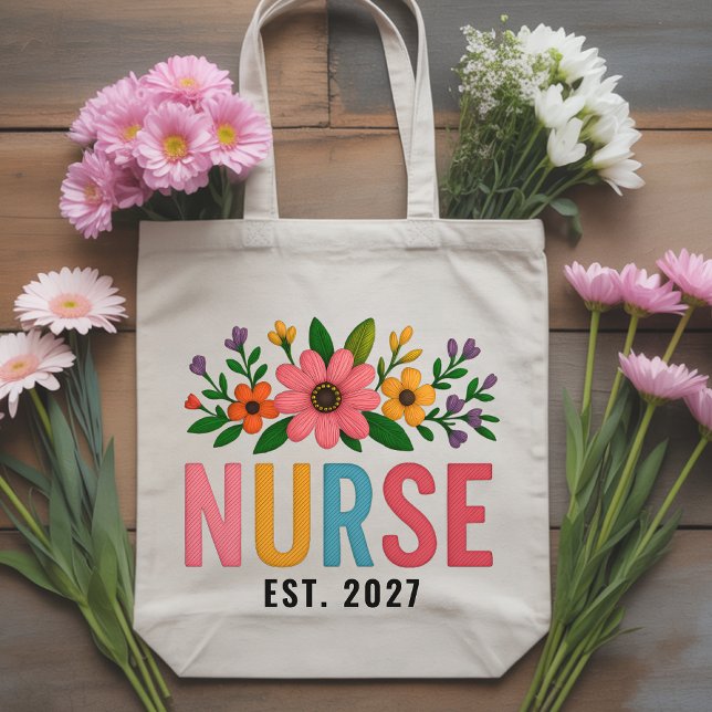 Custom Wildflower Nurse Tote Bag Graduation Gift (Embroidered Effect Wildflower Nurse Bag, Personalized Gift for Coworkers, Nursing Students & Friends)