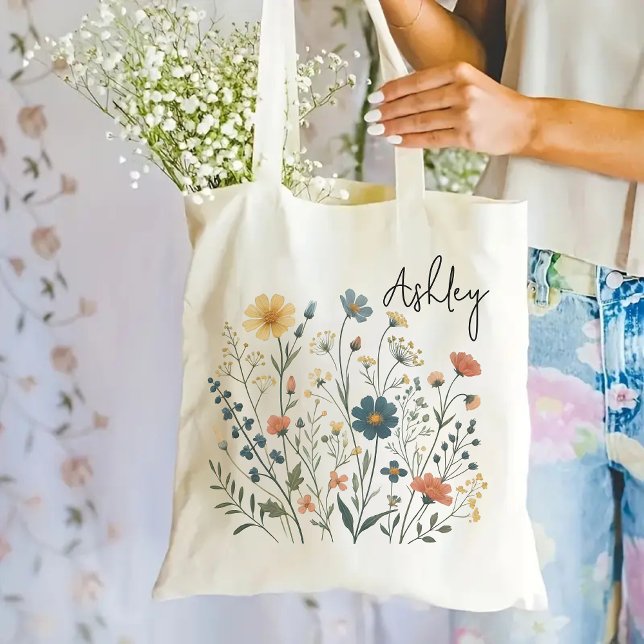 Custom Wildflower Tote Bag Gift for Mom Bridesmaid (wildflowers tote bag, personalized tote bag, floral tote bag, bridesmaid proposal gift, teacher gift)