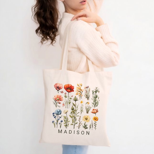 Custom Wildflower Tote Bag with Name Gift for Her (Personalized Wildflower Tote Bag Custom Name Floral Aesthetic Gift for Her, Mom or Bridesmaid)