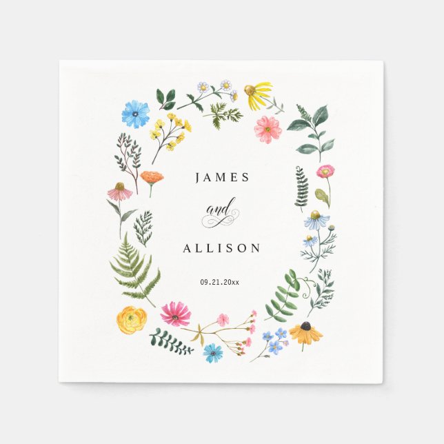 Custom Wildflower Wreath Botanical Wedding Napkins (Front)