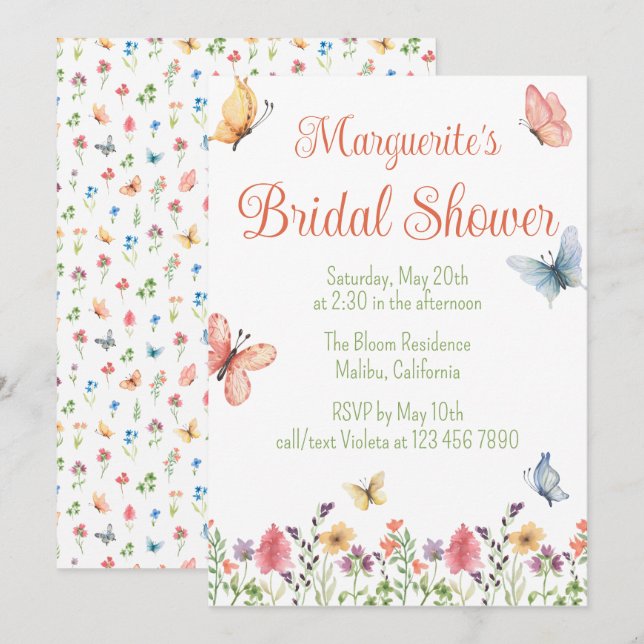 Custom Wildflowers and Butterflies Bridal Shower Invitation (Front/Back)